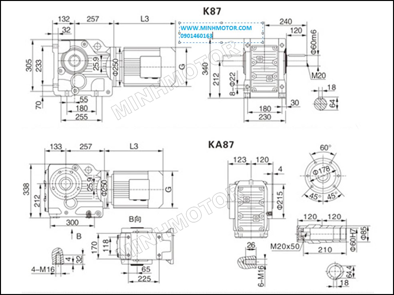 Bản vẽ Hộp Giảm Tốc K87 4kW 5HP cốt âm, cốt dương