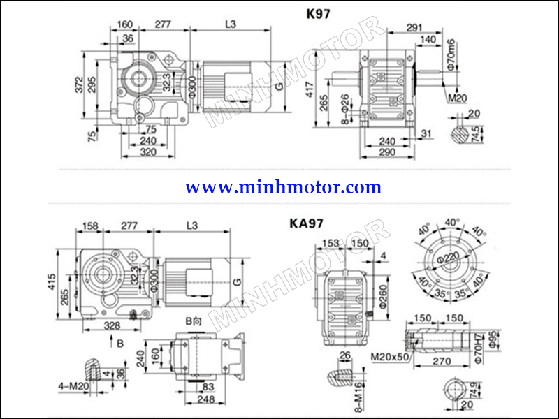 Bản vẽ Hộp Giảm Tốc K97 5.5kW 7.5HP cốt âm, cốt dương