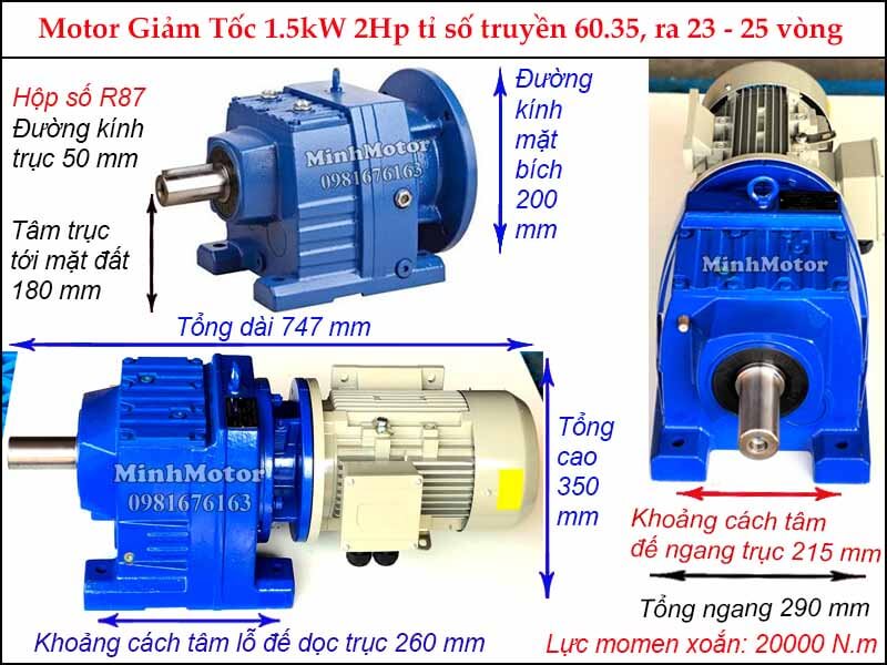 motor giảm tốc tải nặng 1.5Kw 2HP R87 tỉ số truyền 60.35