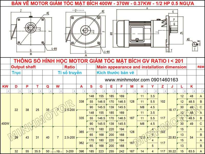 Bản Vẽ Giảm Tốc Mặt Bích 0.37kw 0.5HP mặt bích GV ratio 10