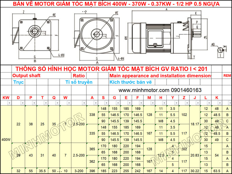 Bản Vẽ Giảm Tốc Mặt Bích 0.37kw 0.5HP mặt bích GV ratio 50