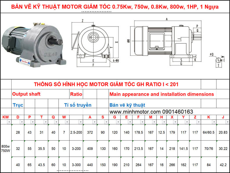 Bản vẽ motor giảm tốc 0.75kw 0.8kw 1HP chân đế ratio 30