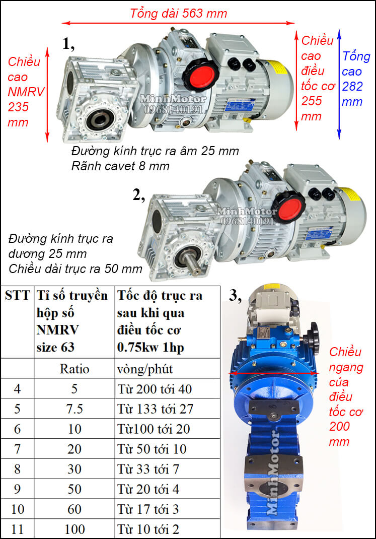Motor giảm tốc 0.75kw 1hp gắn điều tốc cơ