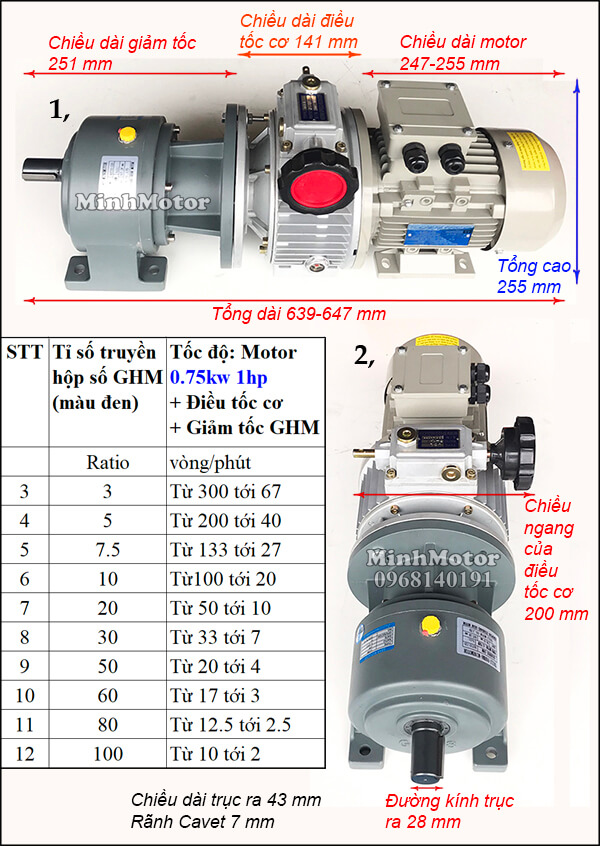 Motor giảm tốc 0.75kw 1hp gắn điều tốc cơ + giảm tốc ghm