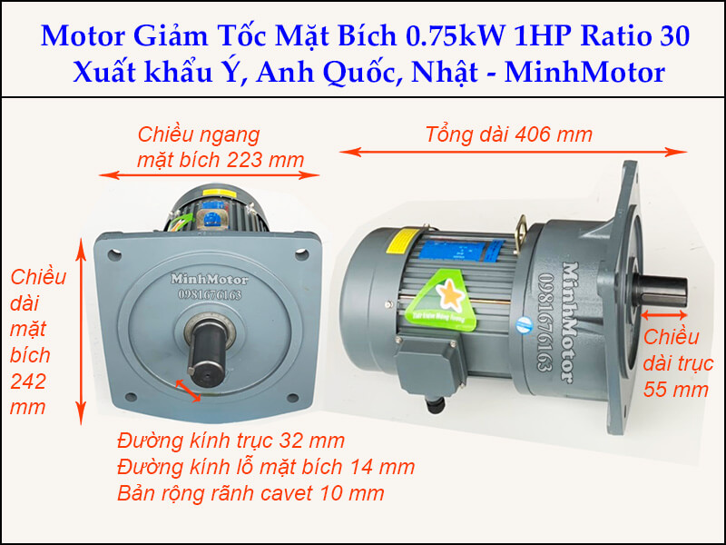 Thông số kích thước giảm tốc mặt bích 0.75kw 0.8kw 1HP mặt bích GV ratio 30