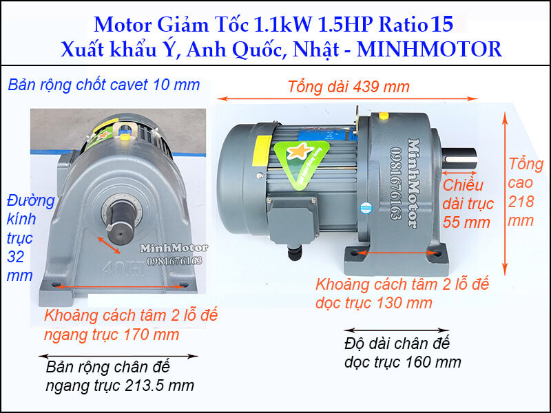 motor giảm tốc 1.1kw 1.5Hp tỉ số truyền 1/15 chân đế