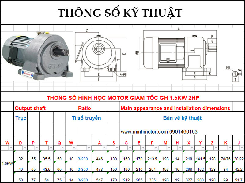 Bản vẽ motor giảm tốc 1.5kw 2HP chân đế ratio 10 tốc độ trục ra 140-150 vòng