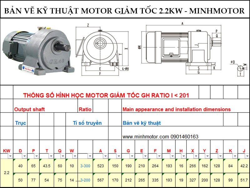 Bản vẽ kỹ thuật động cơ giảm tốc 2.2kw 3HP chân đế ratio 30 tốc độ trục ra 47-50 vòng