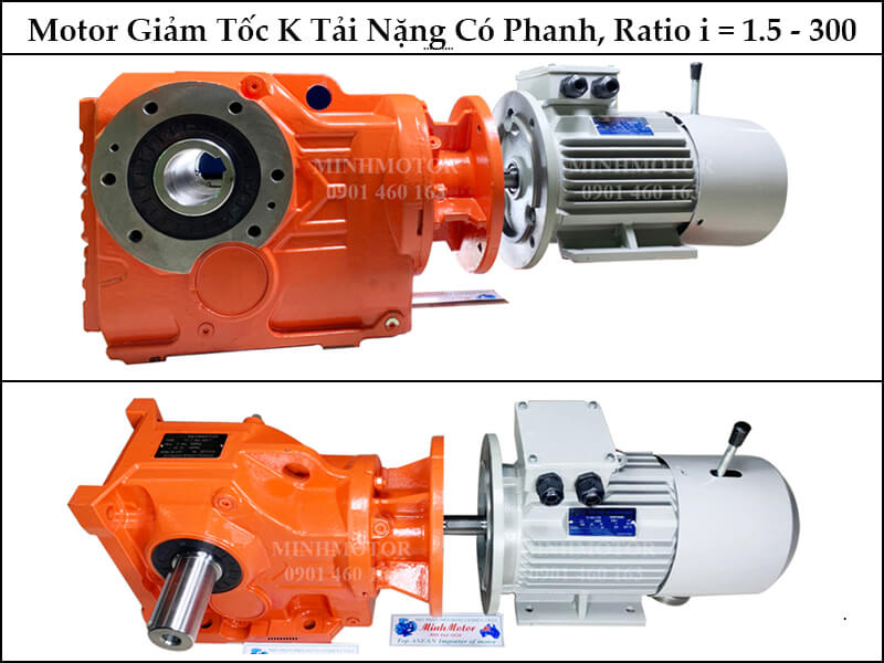 Motor Giảm Tốc Trục Ra Vuông Góc Bevel Helical Gear Reducer K 2.2kw 3HP Ratio 80 With Brake