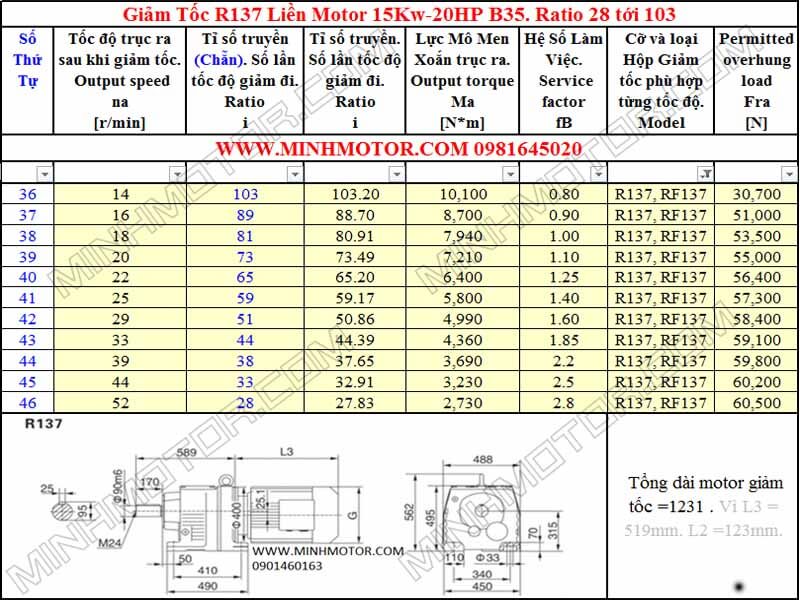 Thông số hình học Động Cơ Giảm Tốc 20HP 15KW R137