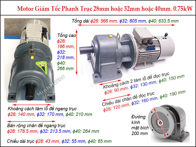Kích thước Motor giảm tốc phanh 0.75Kw 1Hp GHM