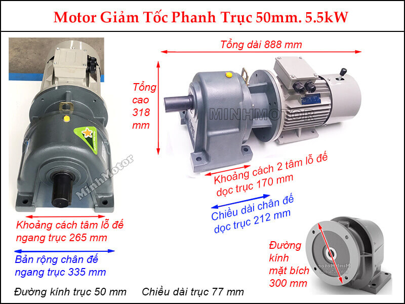 Kích thước Motor giảm tốc phanh 5.5Kw 7.5Hp GHM