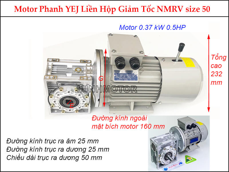 Motor giảm tốc có thắng trục vuông góc 0.37kw 0.5HP 0.5 ngựa NMRV size 50