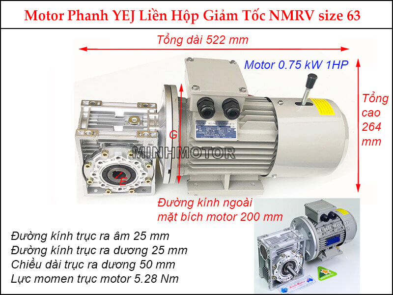 Motor phanh 0.75Kw 1Hp liền hộp giảm tốc NMRV size 63