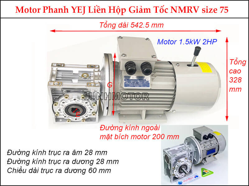 Motor phanh 1.5Kw 2Hp liền hộp giảm tốc NMRV size 75