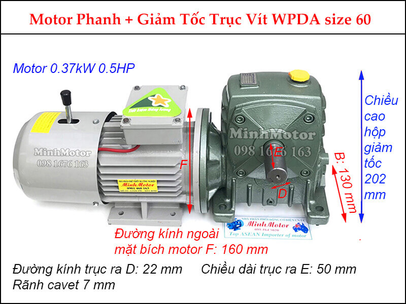 Motor giảm tốc có thắng trục vuông góc 0.37kw 0.5HP 0.5 ngựa WPDA size 60