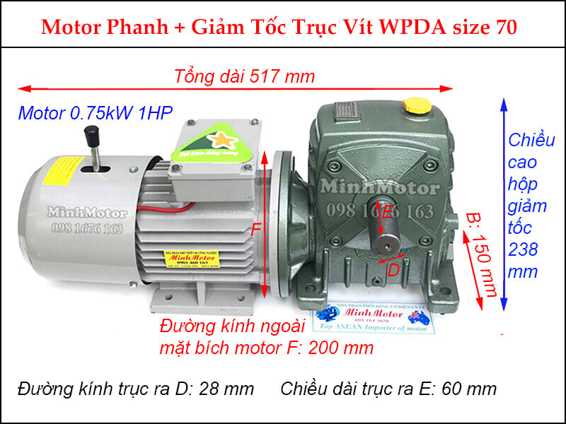Motor phanh 0.75Kw 1Hp gắn hộp giảm tốc Trục vít WPDA size 70