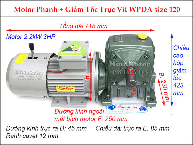 Motor phanh 2.2Kw 3Hp gắn hộp giảm tốc Trục vít WPDA size 120