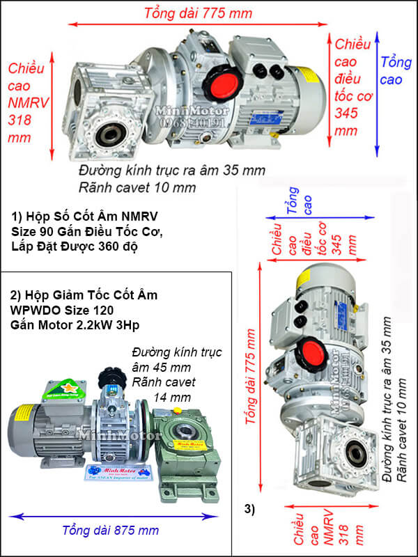 Motor giảm tốc cốt âm 2.2kw 3HP chỉnh tốc độ