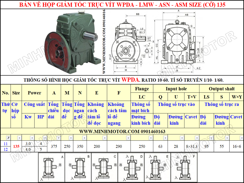 Bản vẽ kỹ thuật hộp giảm tốc trục vít WPDA-LMW-ASN-ASM size 135