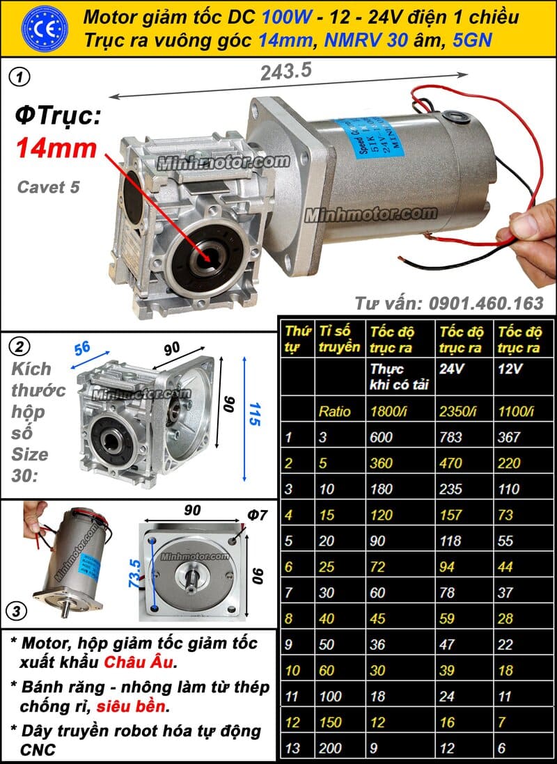 Motor 24v 100w Trục vuông góc lắp với hộp số NMRV30 âm