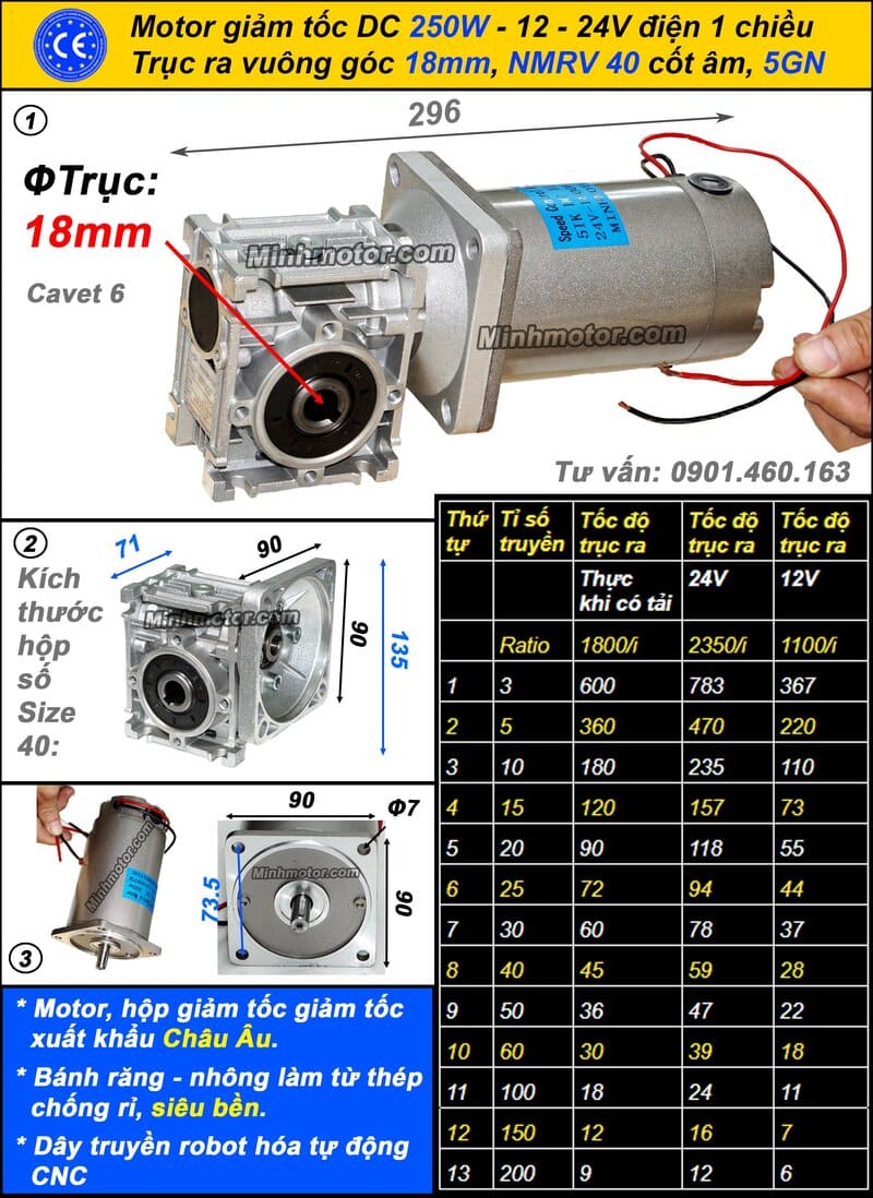 Motor 24v 250w Trục vuông góc lắp với hộp số NMRV40 âm