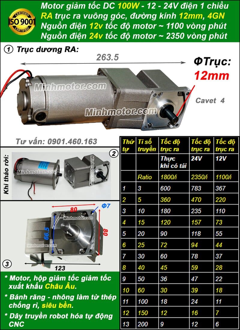 Motor DC 24v 100w trục vuông góc cốt dương