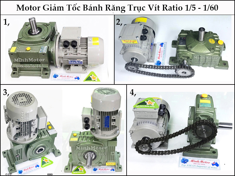 Motor giảm tốc bánh răng trục vít 0.37Kw 0.5Hp 0.5 ngựa Ratio 1/5 - 1/60