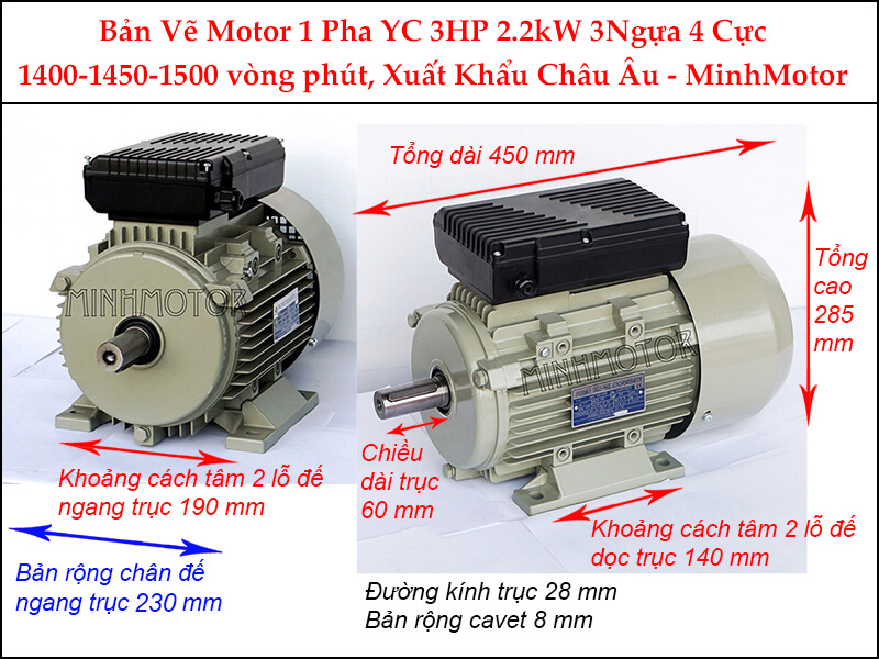 Bản vẽ Động Cơ Điện 1 Pha 2.2Kw 3HP 4 Cực chân đế
