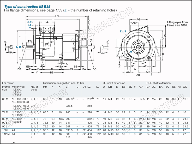Bản vẽ kỹ thuật động cơ điện Siemens 4kw 5.5HP 5.5 ngựa mặt bích