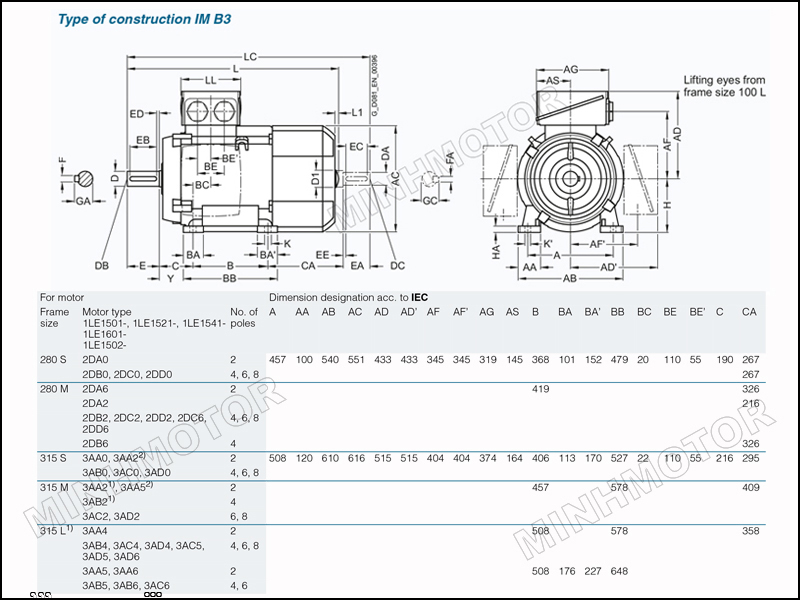 Thông số bản vẽ cataloge Motor Siemens 75kw 100HP 100 ngựa chân đế