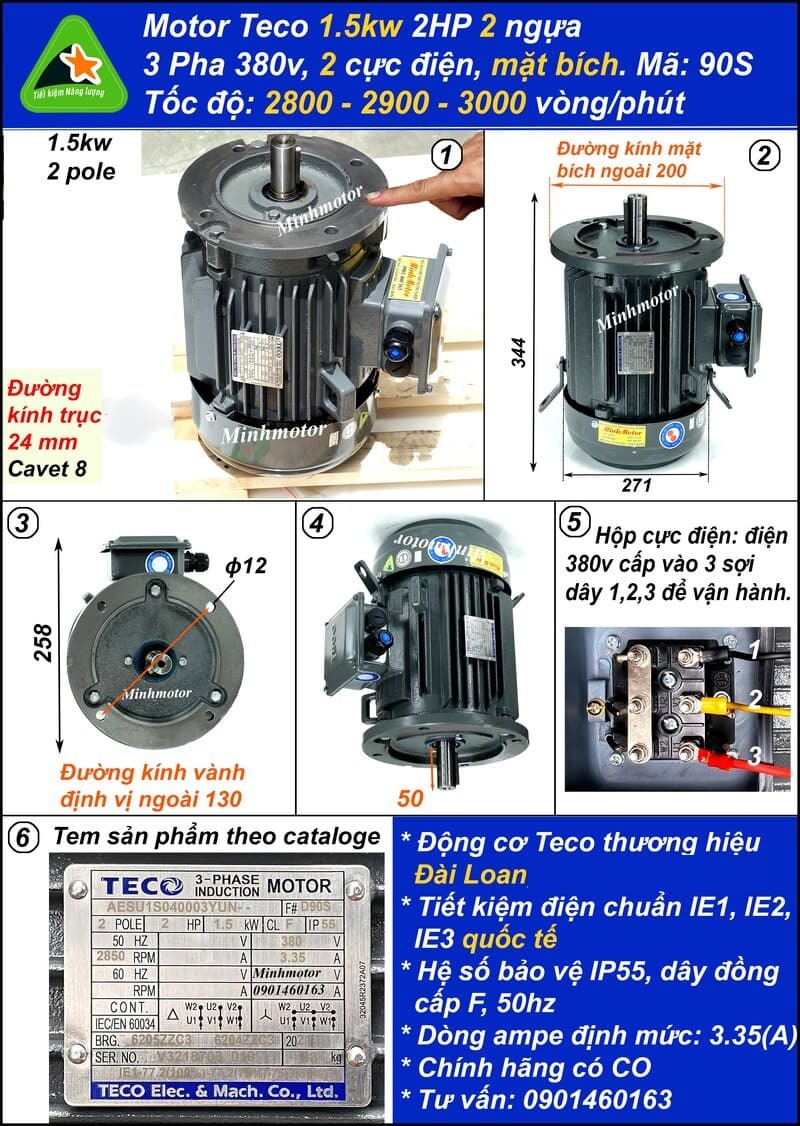 Động cơ Teco 1.5kw 2Hp AESU 90S mặt bích 2 pole IE1