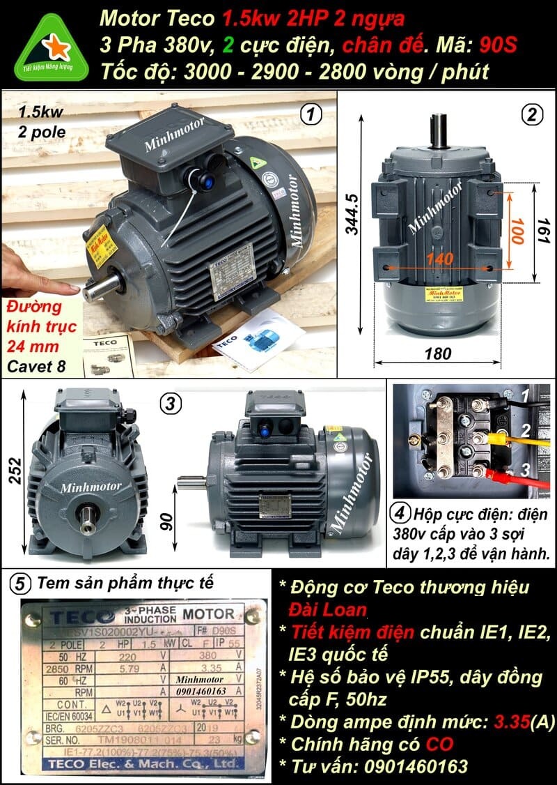 Động cơ Teco 2Hp AESV 90S chân đế 2 pole IE1