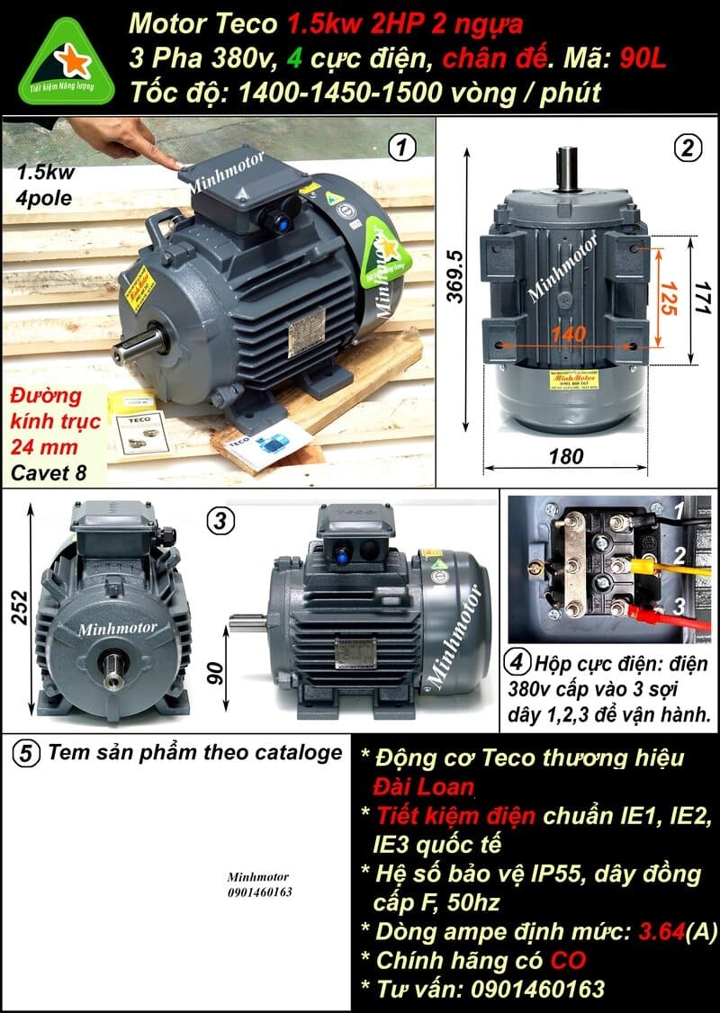 Motor Teco 2Hp AESV 90L chân đế 4 pole IE1