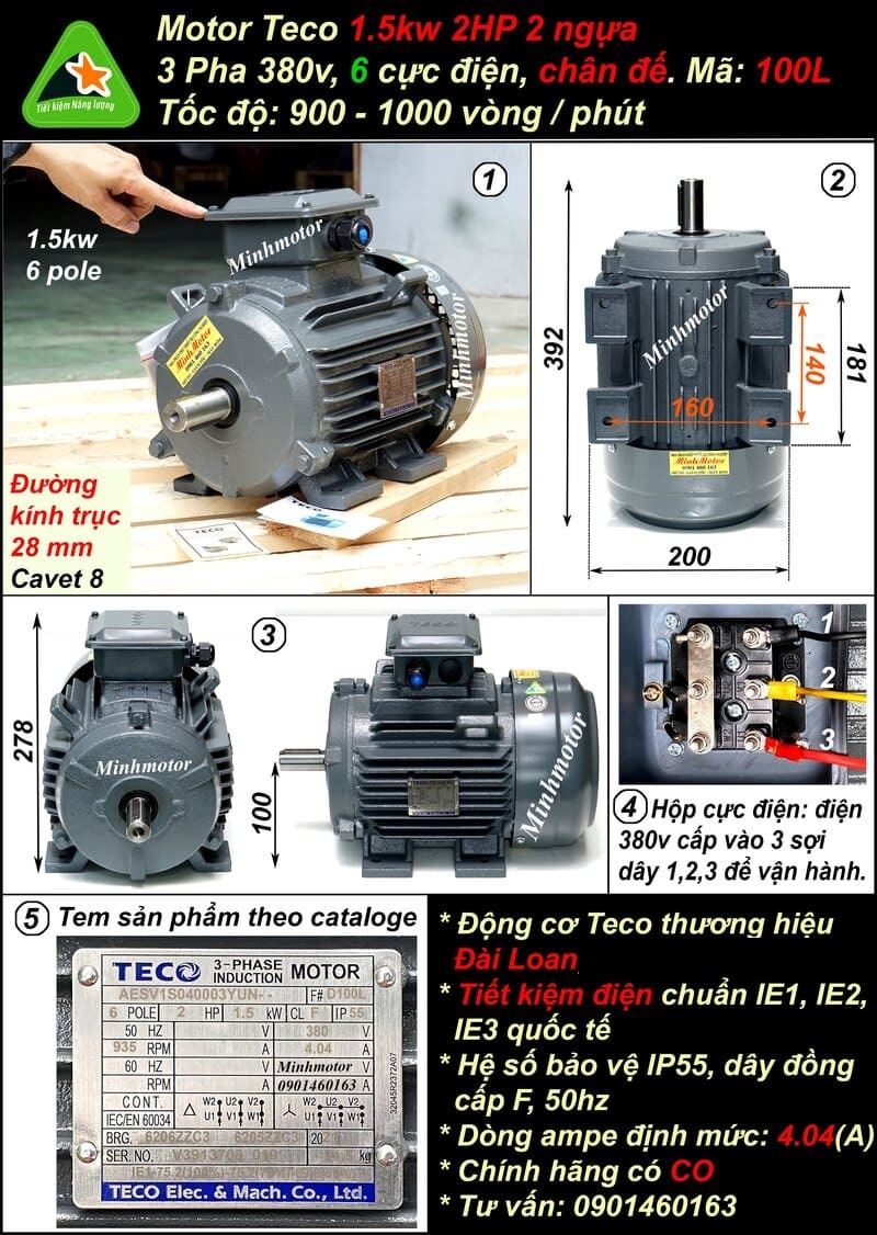 Motor Teco 2Hp tốc độ 6 pole IE1