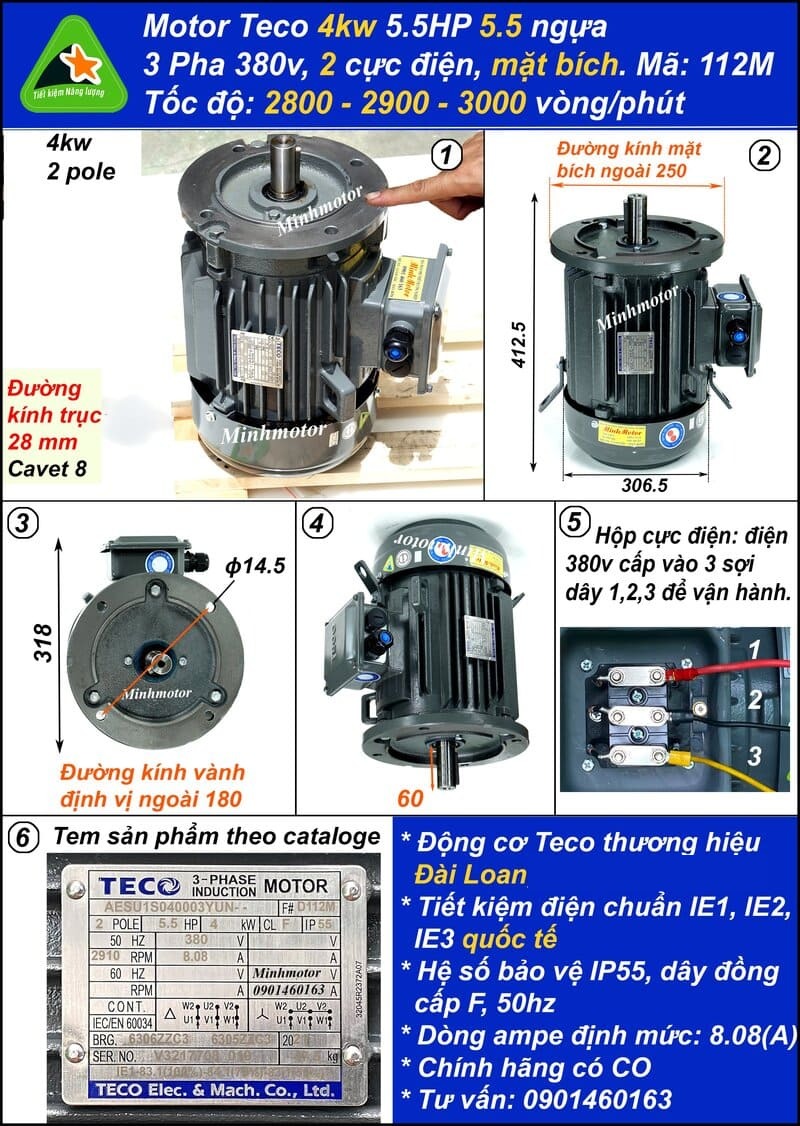 Động cơ Teco 3.7kw 5Hp AESU 112M mặt bích 2 pole IE1