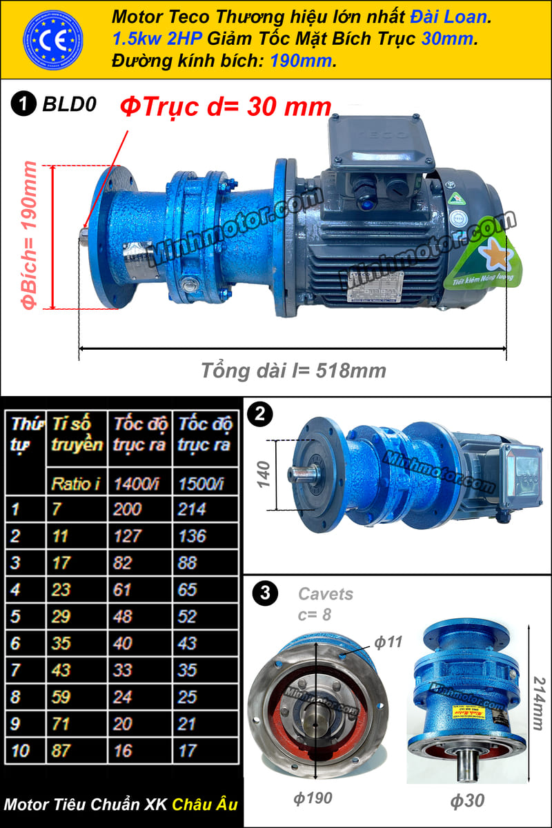 Motor Teco 1.5kw 2hp liền giảm tốc cyclo bích BLD0