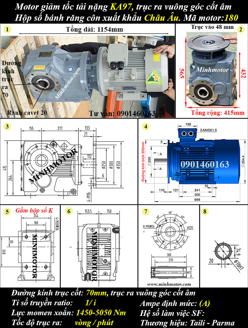 Motor giảm tốc tải nặng 18.5kW 25Hp KAB97 trục âm 70mm