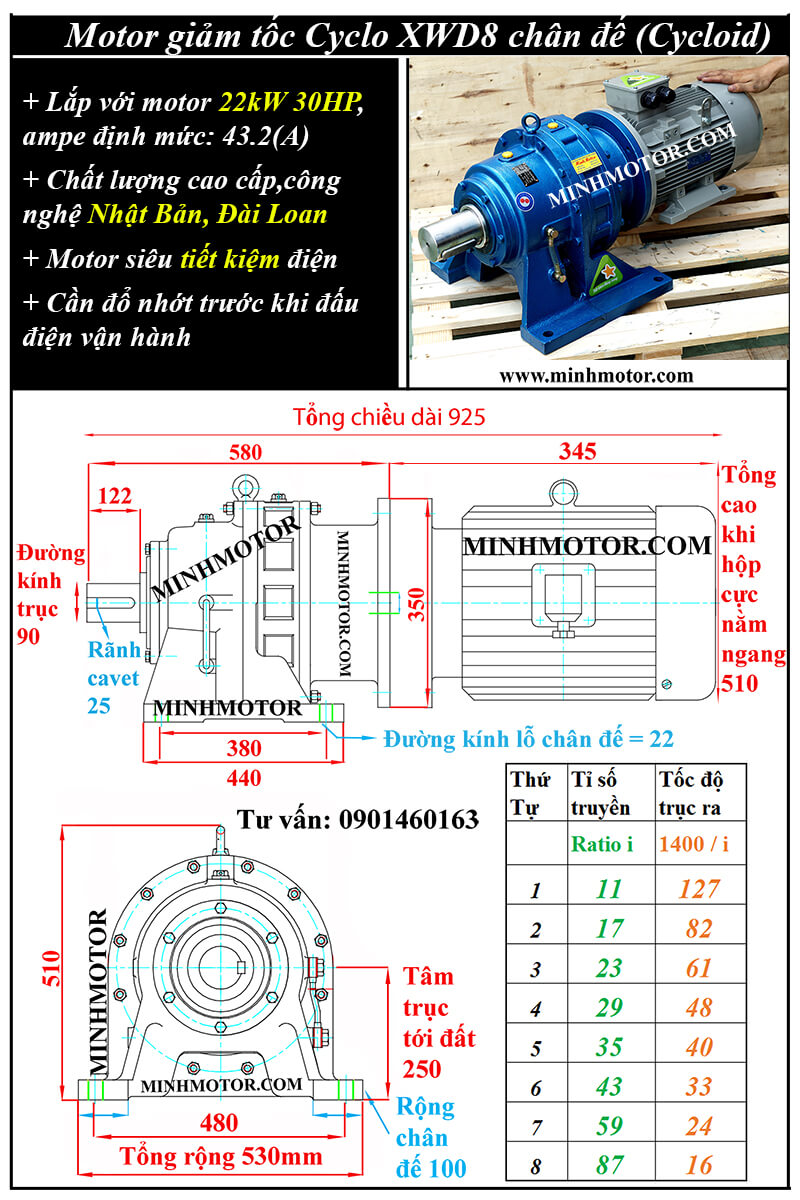 Motor giảm tốc tải nặng 22kW 30Hp chân đế trục 90mm