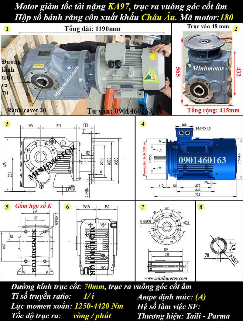 Motor giảm tốc tải nặng 22kW 30Hp KAB97 cốt âm 70mm