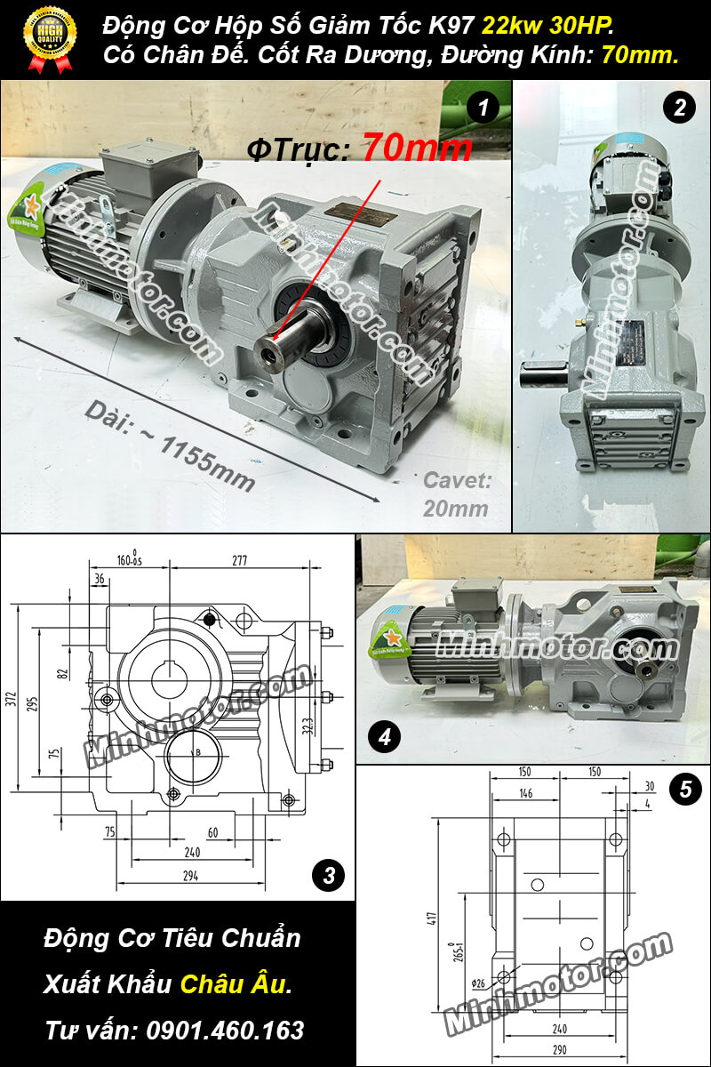 Motor giảm tốc tải nặng 22kW 30Hp K97 trục dương 70mm