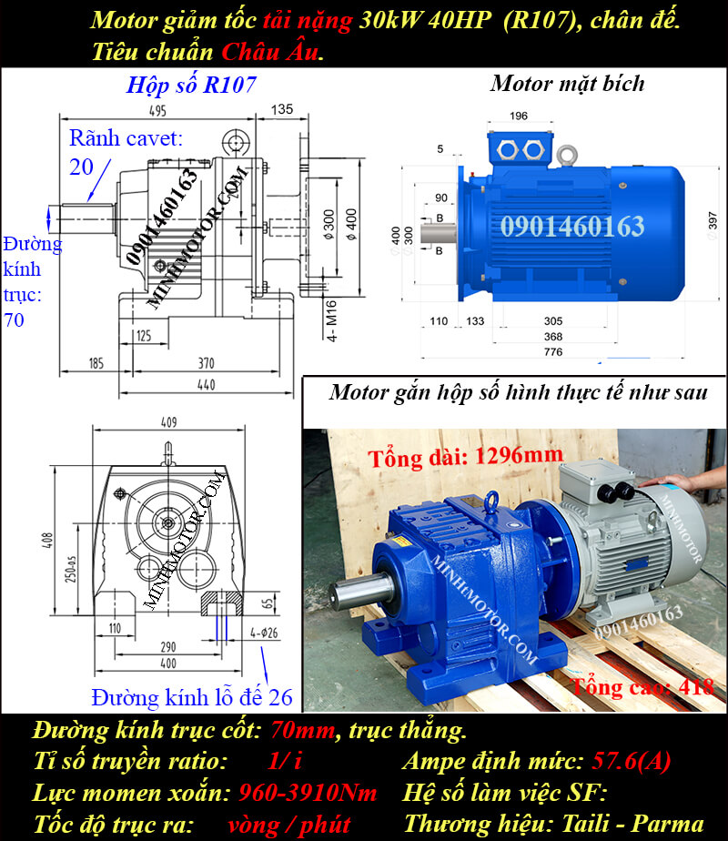 Động cơ giảm tốc tải nặng 30kW 40Hp trục thẳng 70mm
