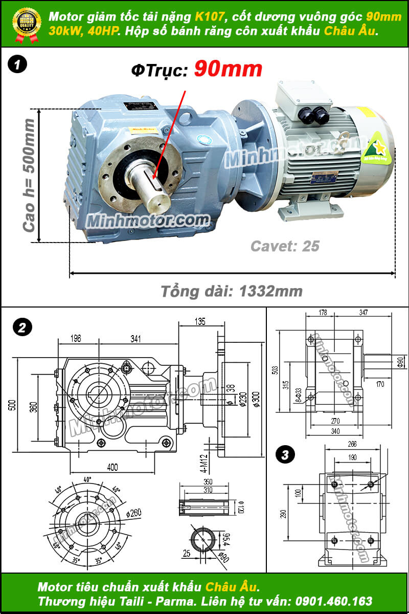 Motor giảm tốc tải nặng 30kW 40Hp K107 cốt dương 90mm