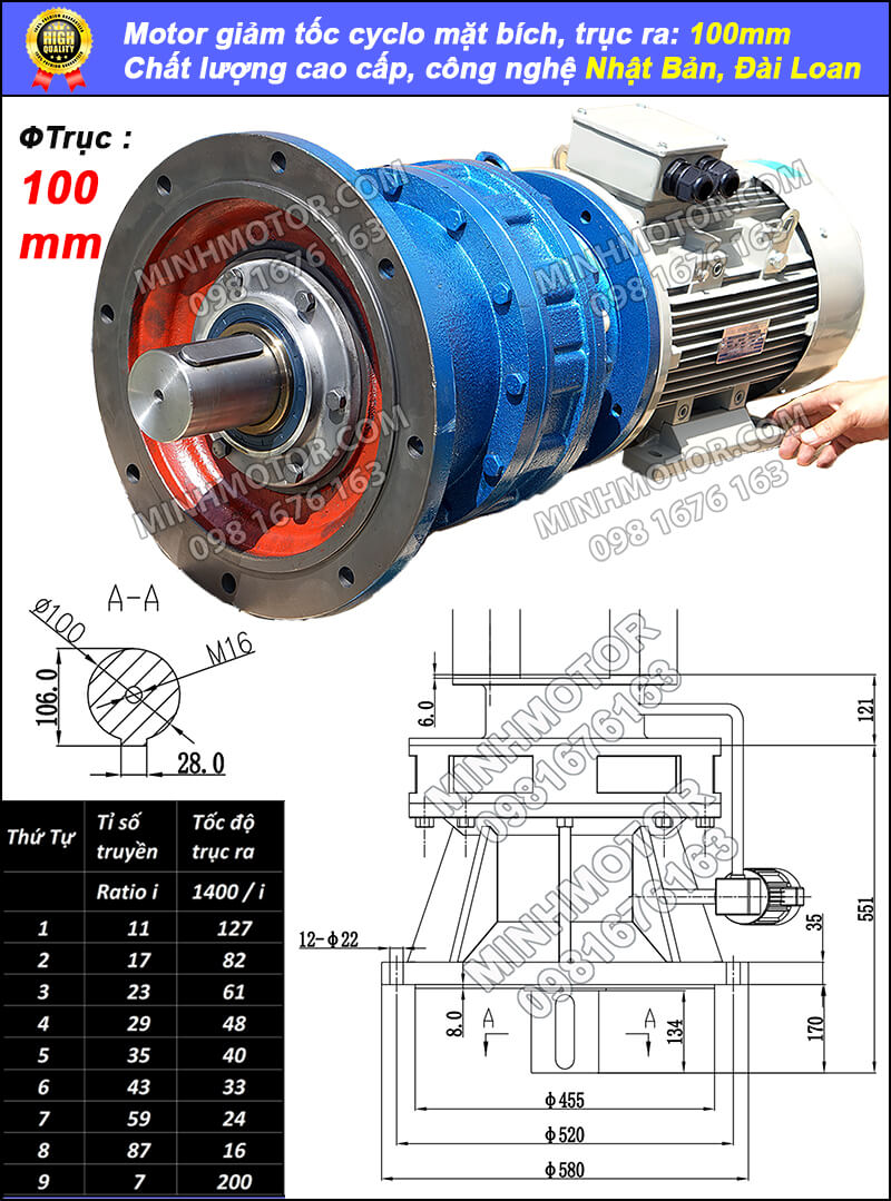 Motor giảm tốc tải nặng 30kW 40Hp mặt bích trục ra 100mm