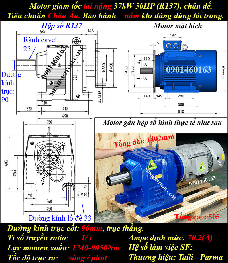 Động cơ giảm tốc tải nặng 37kW 50Hp trục thẳng 90mm