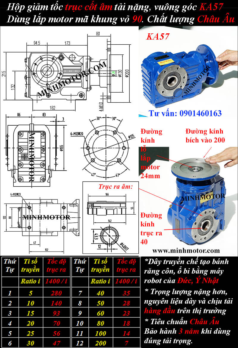 Hộp số giảm tốc KAF57 1.5kw 2hp cốt ra âm