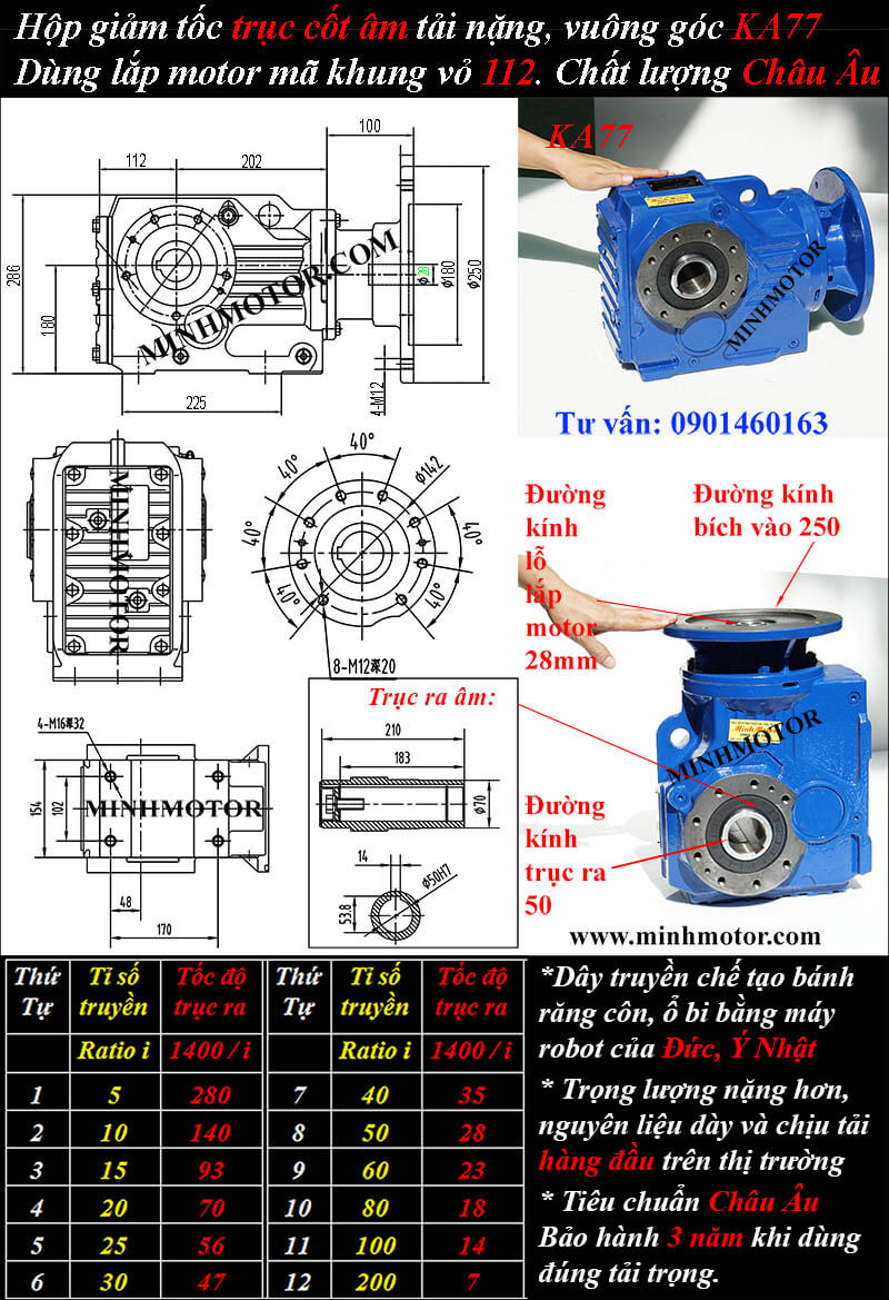 Hộp số giảm tốc KAF57 2.2kw 3hp kiểu ra âm