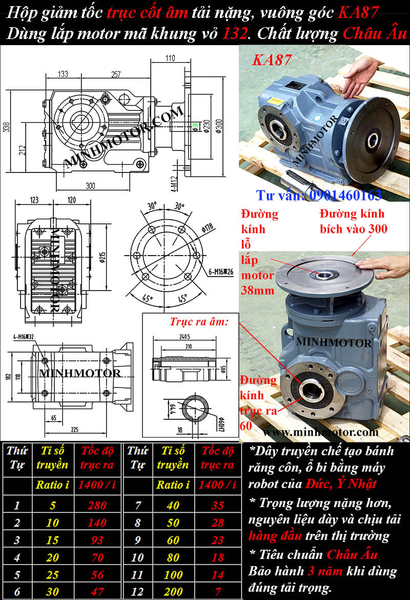 Hộp số giảm tốc KAF87 4kw 5.5hp trục vuông góc cốt âm