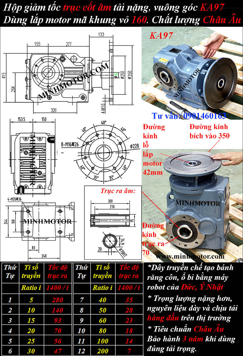 Hộp số giảm tốc KAF97 5.5kw 7.5hp cốt âm