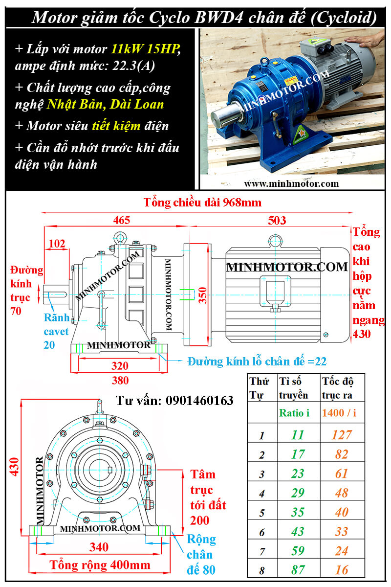 Motor giảm tốc tải nặng 11kW 15Hp Chân đế trục 70mm